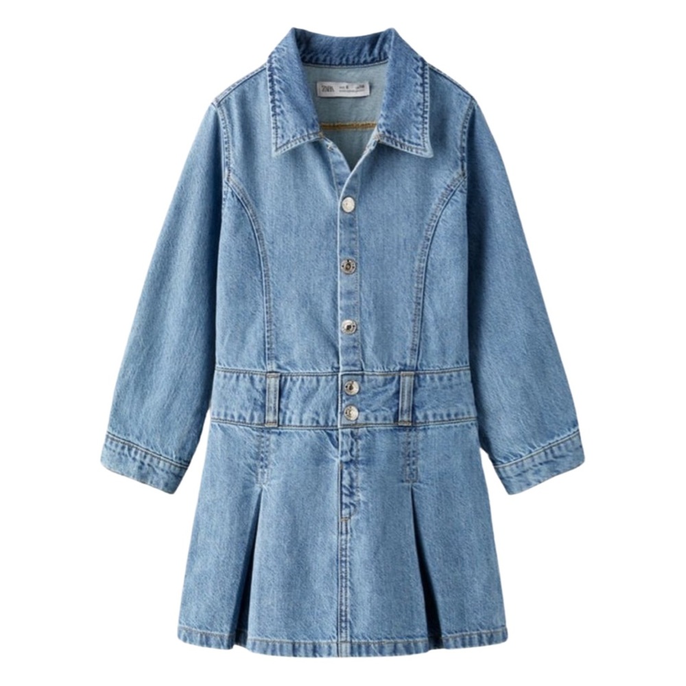 NWT Zara Pleated Denim Dress Kids Light Wash Jean Long Sleeves Size 11-12yrs
